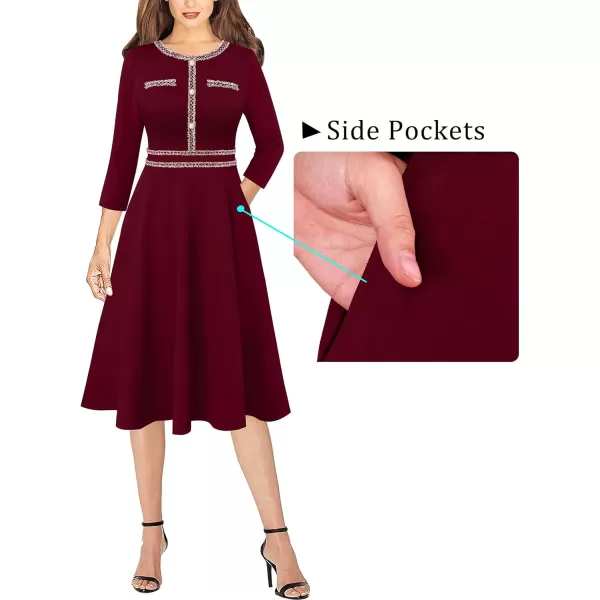 VFSHOW Womens Button Pockets Slim Wear to Work Office Business Party Patchwork ALine DressDark Red