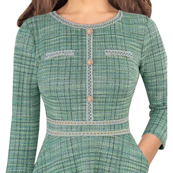 VFSHOW Womens Button Pockets Slim Wear to Work Office Business Party Patchwork ALine DressGreen Tweed