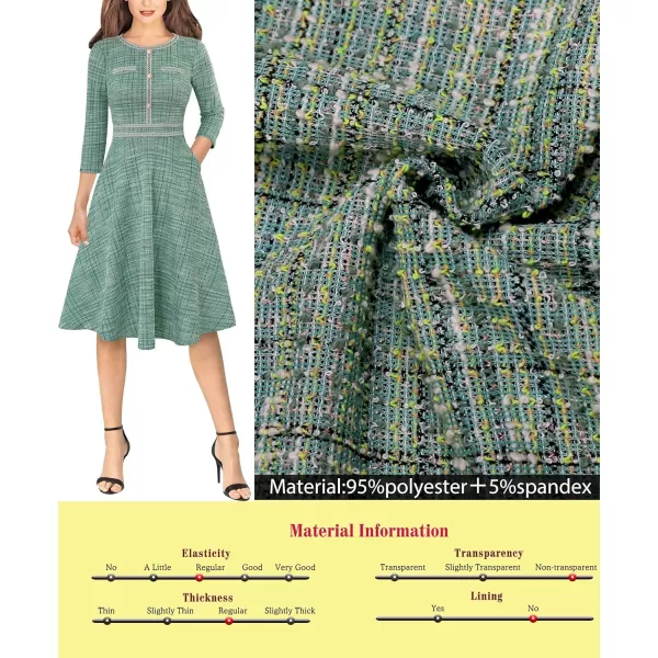 VFSHOW Womens Button Pockets Slim Wear to Work Office Business Party Patchwork ALine DressGreen Tweed