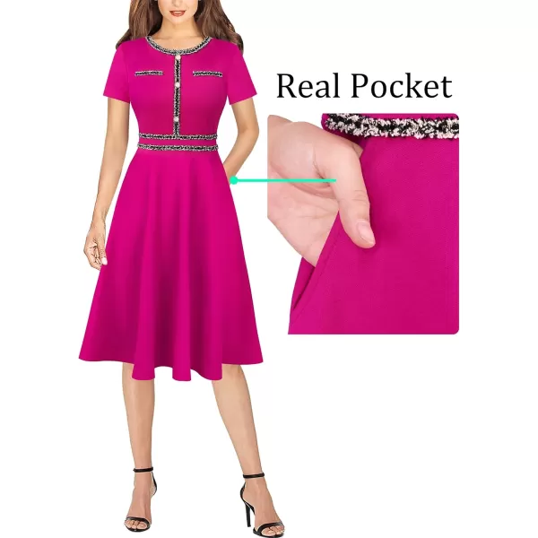 VFSHOW Womens Button Pockets Slim Wear to Work Office Business Party Patchwork ALine DressHot Pink