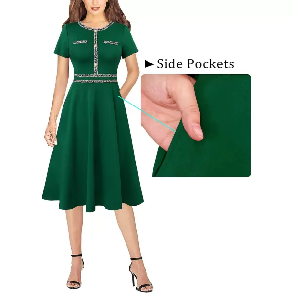 VFSHOW Womens Button Pockets Slim Wear to Work Office Business Party Patchwork ALine DressSolid Green