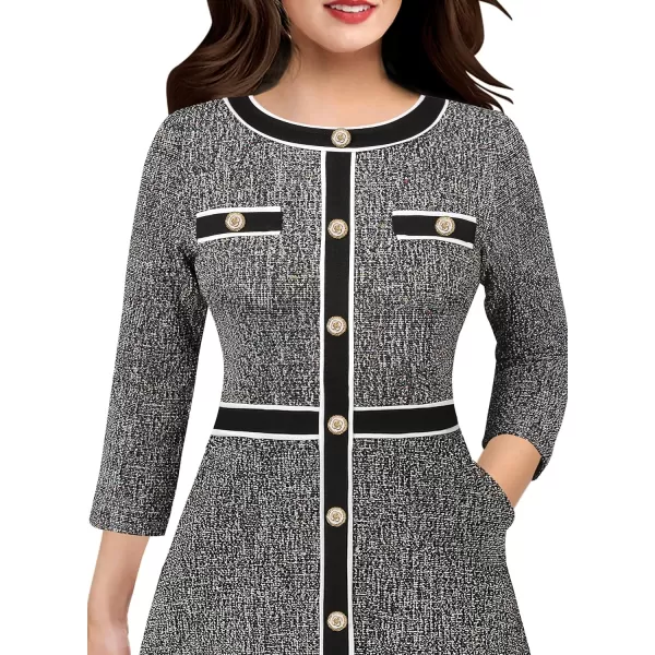 VFSHOW Womens Buttons Patchwork Work Business Office ALine Midi Crew Neck Professional Career Fit and Flare MidCalf DressBlack Tweed