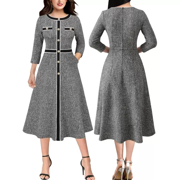 VFSHOW Womens Buttons Patchwork Work Business Office ALine Midi Crew Neck Professional Career Fit and Flare MidCalf DressBlack Tweed2