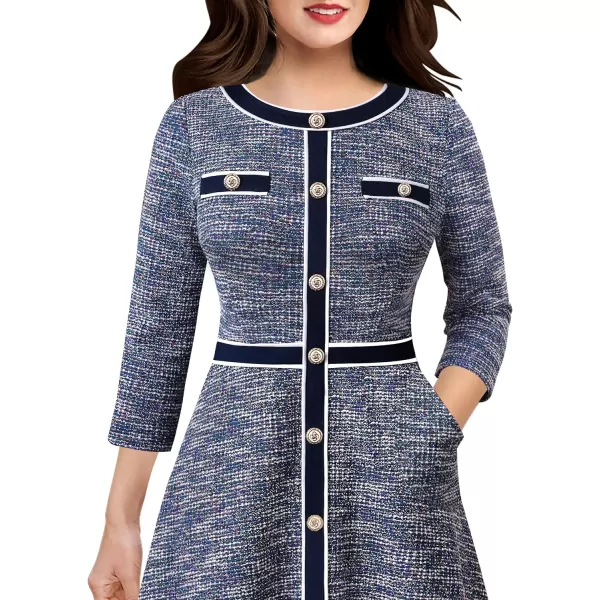 VFSHOW Womens Buttons Patchwork Work Business Office ALine Midi Crew Neck Professional Career Fit and Flare MidCalf DressBlue Tweed