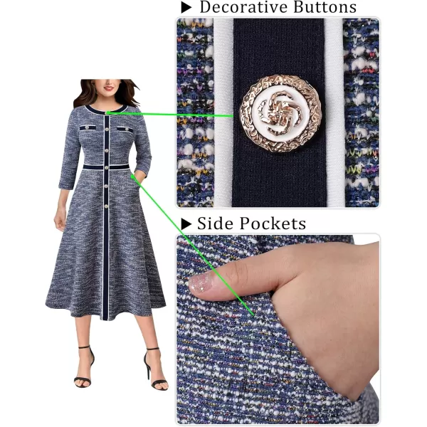 VFSHOW Womens Buttons Patchwork Work Business Office ALine Midi Crew Neck Professional Career Fit and Flare MidCalf DressBlue Tweed