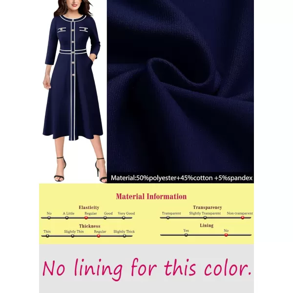 VFSHOW Womens Buttons Patchwork Work Business Office ALine Midi Crew Neck Professional Career Fit and Flare MidCalf DressNavy Blue34 Sleeve