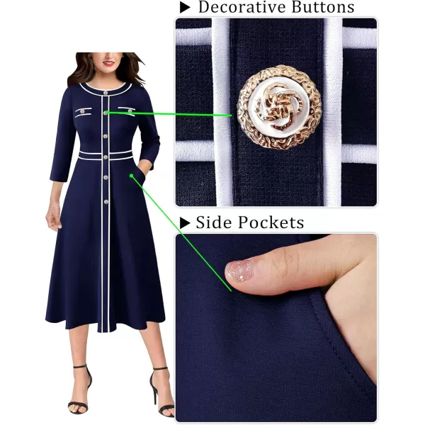 VFSHOW Womens Buttons Patchwork Work Business Office ALine Midi Crew Neck Professional Career Fit and Flare MidCalf DressNavy Blue34 Sleeve