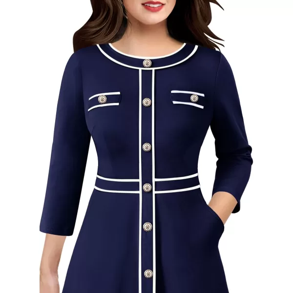 VFSHOW Womens Buttons Patchwork Work Business Office ALine Midi Crew Neck Professional Career Fit and Flare MidCalf DressNavy Blue34 Sleeve