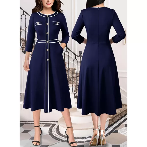 VFSHOW Womens Buttons Patchwork Work Business Office ALine Midi Crew Neck Professional Career Fit and Flare MidCalf DressNavy Blue34 Sleeve