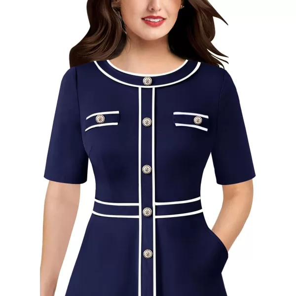 VFSHOW Womens Buttons Patchwork Work Business Office ALine Midi Crew Neck Professional Career Fit and Flare MidCalf DressSolid Blue