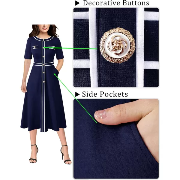 VFSHOW Womens Buttons Patchwork Work Business Office ALine Midi Crew Neck Professional Career Fit and Flare MidCalf DressSolid Blue