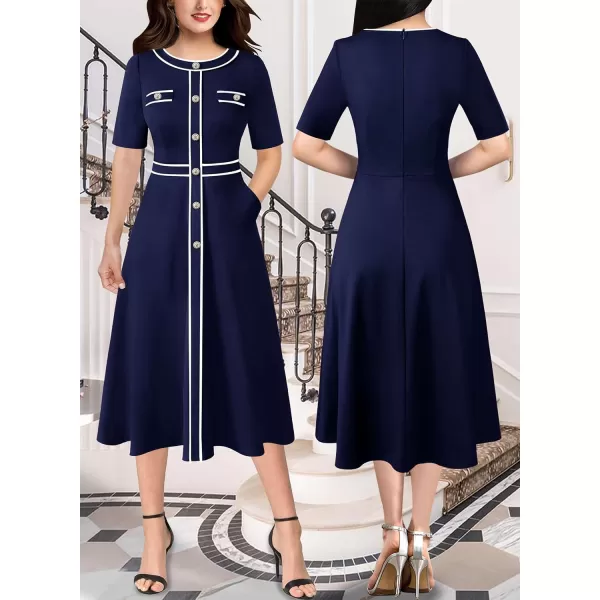 VFSHOW Womens Buttons Patchwork Work Business Office ALine Midi Crew Neck Professional Career Fit and Flare MidCalf DressSolid Blue