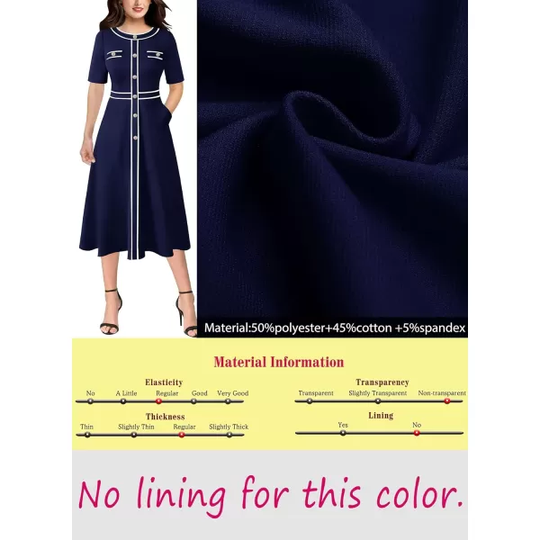 VFSHOW Womens Buttons Patchwork Work Business Office ALine Midi Crew Neck Professional Career Fit and Flare MidCalf DressSolid Blue