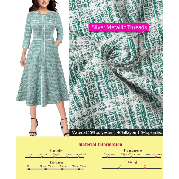 VFSHOW Womens Buttons Patchwork Work Business Office ALine Midi Crew Neck Professional Career Fit and Flare MidCalf DressTeal Green Tweed