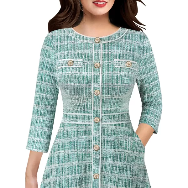 VFSHOW Womens Buttons Patchwork Work Business Office ALine Midi Crew Neck Professional Career Fit and Flare MidCalf DressTeal Green Tweed