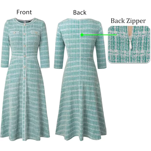 VFSHOW Womens Buttons Patchwork Work Business Office ALine Midi Crew Neck Professional Career Fit and Flare MidCalf DressTeal Green Tweed2