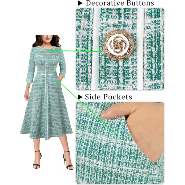 VFSHOW Womens Buttons Patchwork Work Business Office ALine Midi Crew Neck Professional Career Fit and Flare MidCalf DressTeal Green Tweed2