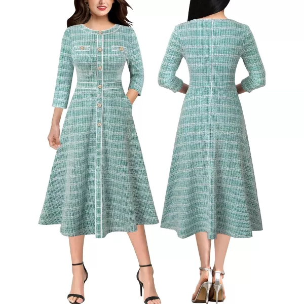 VFSHOW Womens Buttons Patchwork Work Business Office ALine Midi Crew Neck Professional Career Fit and Flare MidCalf DressTeal Green Tweed2