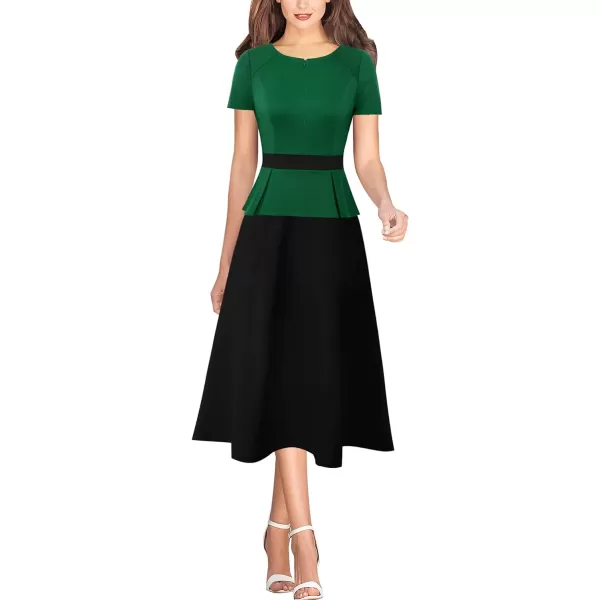 VFSHOW Womens Colorblock Peplum Slim Front Zipper Work Business Office ALine Midi DressGreen and Black2