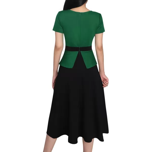 VFSHOW Womens Colorblock Peplum Slim Front Zipper Work Business Office ALine Midi DressGreen and Black2