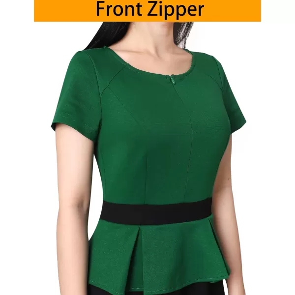 VFSHOW Womens Colorblock Peplum Slim Front Zipper Work Business Office ALine Midi DressGreen and Black2