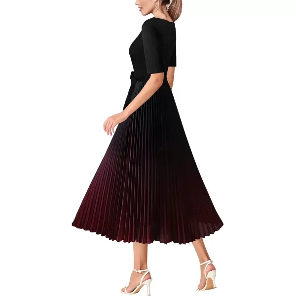 VFSHOW Womens Elegant Patchwork Belted Work Business Office Casual Party Pleated ALine Midi DressBlack  Dark Red Ombre