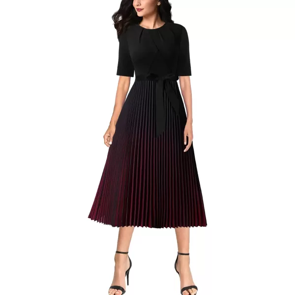 VFSHOW Womens Elegant Patchwork Belted Work Business Office Casual Party Pleated ALine Midi DressBlack  Dark Red Ombre