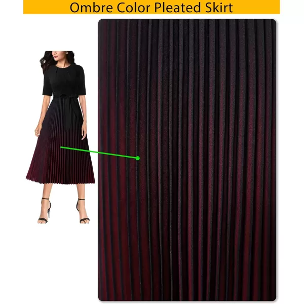 VFSHOW Womens Elegant Patchwork Belted Work Business Office Casual Party Pleated ALine Midi DressBlack  Dark Red Ombre