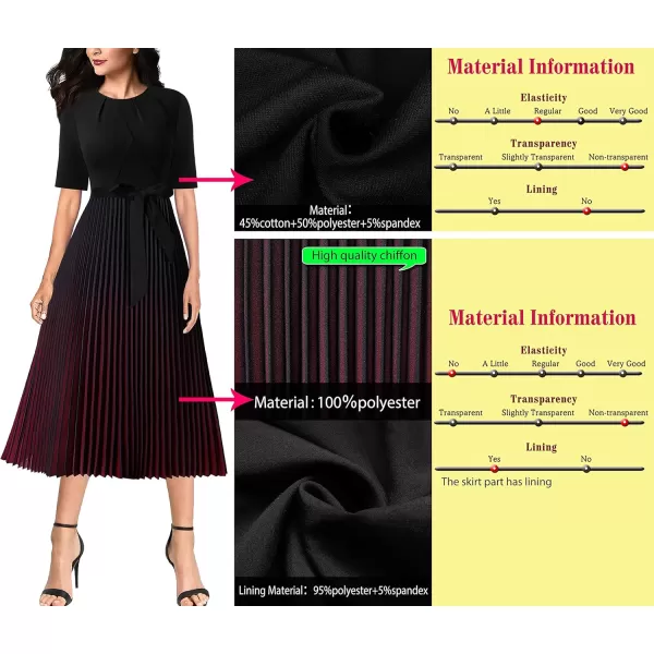 VFSHOW Womens Elegant Patchwork Belted Work Business Office Casual Party Pleated ALine Midi DressBlack  Dark Red Ombre