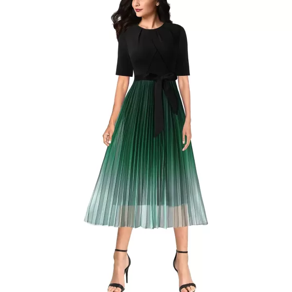 VFSHOW Womens Elegant Patchwork Belted Work Business Office Casual Party Pleated ALine Midi DressBlack  Green Ombre