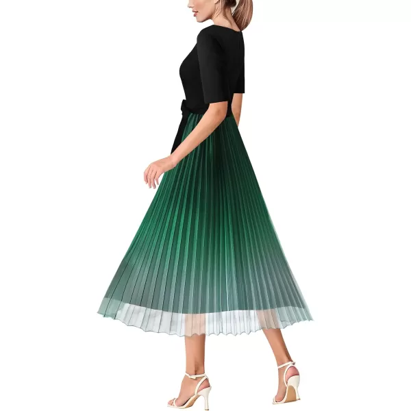 VFSHOW Womens Elegant Patchwork Belted Work Business Office Casual Party Pleated ALine Midi DressBlack  Green Ombre
