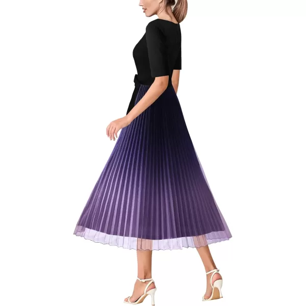 VFSHOW Womens Elegant Patchwork Belted Work Business Office Casual Party Pleated ALine Midi DressBlack  Purple Ombre