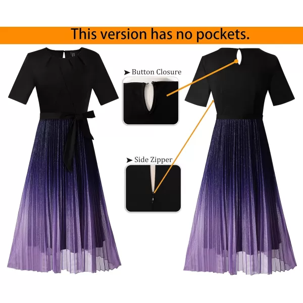 VFSHOW Womens Elegant Patchwork Belted Work Business Office Casual Party Pleated ALine Midi DressBlack  Purple Ombre