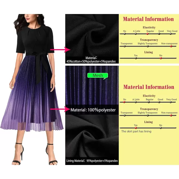 VFSHOW Womens Elegant Patchwork Belted Work Business Office Casual Party Pleated ALine Midi DressBlack  Purple Ombre