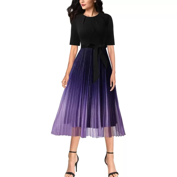 VFSHOW Womens Elegant Patchwork Belted Work Business Office Casual Party Pleated ALine Midi DressBlack  Purple Ombre