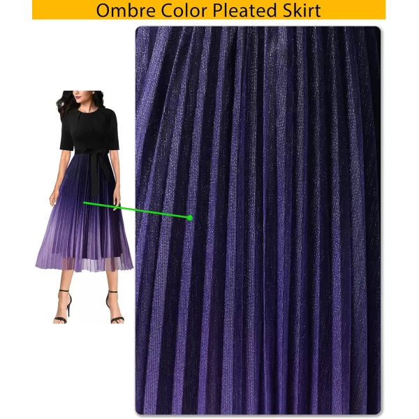 VFSHOW Womens Elegant Patchwork Belted Work Business Office Casual Party Pleated ALine Midi DressBlack  Purple Ombre