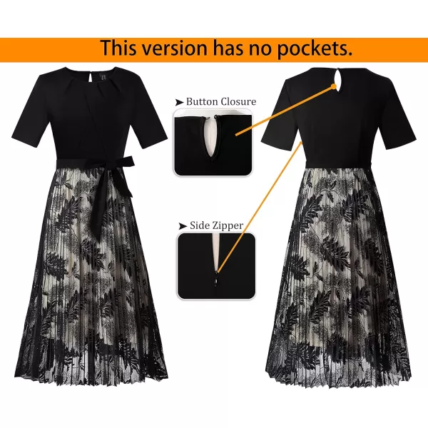 VFSHOW Womens Elegant Patchwork Belted Work Business Office Casual Party Pleated ALine Midi DressBlack and Leaves Lace