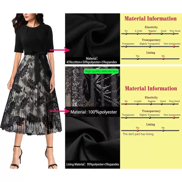 VFSHOW Womens Elegant Patchwork Belted Work Business Office Casual Party Pleated ALine Midi DressBlack and Leaves Lace