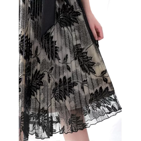 VFSHOW Womens Elegant Patchwork Belted Work Business Office Casual Party Pleated ALine Midi DressBlack and Leaves Lace