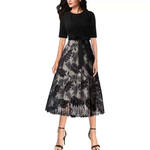 VFSHOW Womens Elegant Patchwork Belted Work Business Office Casual Party Pleated ALine Midi DressBlack and Leaves Lace