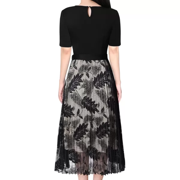 VFSHOW Womens Elegant Patchwork Belted Work Business Office Casual Party Pleated ALine Midi DressBlack and Leaves Lace