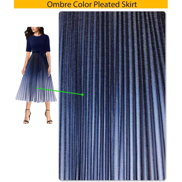 VFSHOW Womens Elegant Patchwork Belted Work Business Office Casual Party Pleated ALine Midi DressDark Blue Ombre