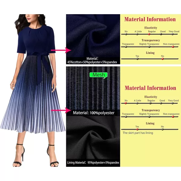 VFSHOW Womens Elegant Patchwork Belted Work Business Office Casual Party Pleated ALine Midi DressDark Blue Ombre