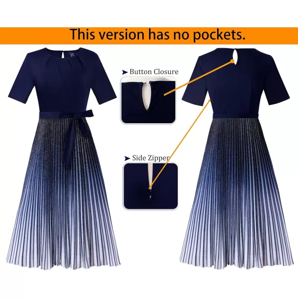 VFSHOW Womens Elegant Patchwork Belted Work Business Office Casual Party Pleated ALine Midi DressDark Blue Ombre