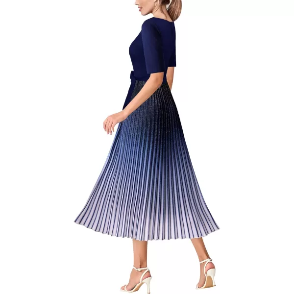 VFSHOW Womens Elegant Patchwork Belted Work Business Office Casual Party Pleated ALine Midi DressDark Blue Ombre