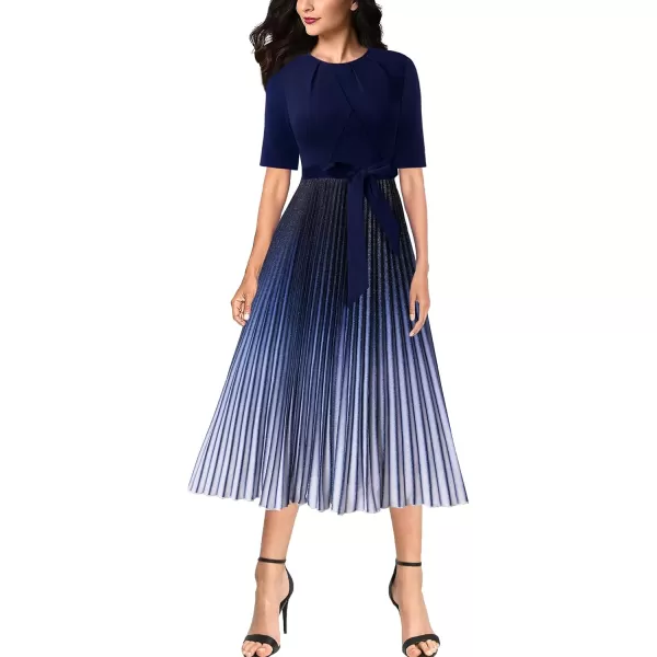 VFSHOW Womens Elegant Patchwork Belted Work Business Office Casual Party Pleated ALine Midi DressDark Blue Ombre