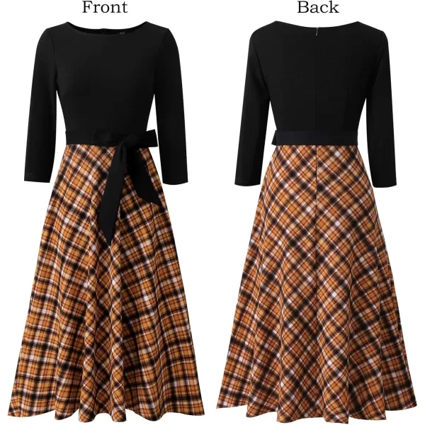 VFSHOW Womens Elegant Pockets Belted Work Business Office Casual Party Pleated ALine Midi DressBlack  Yellow Check Print