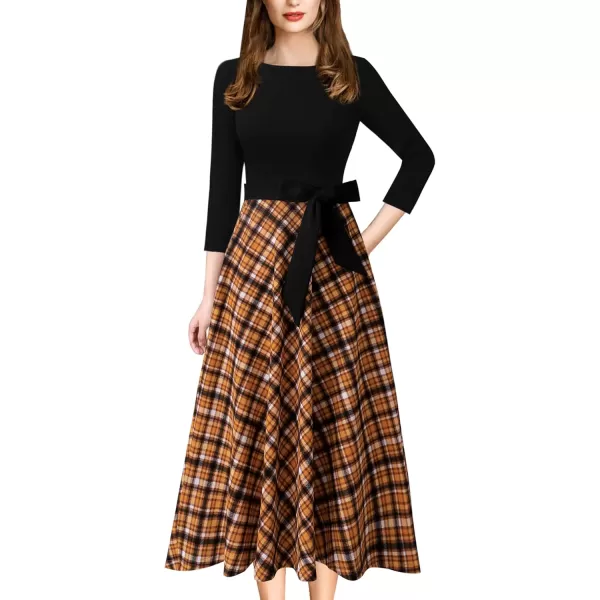 VFSHOW Womens Elegant Pockets Belted Work Business Office Casual Party Pleated ALine Midi DressBlack  Yellow Check Print