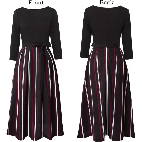 VFSHOW Womens Elegant Pockets Belted Work Business Office Casual Party Pleated ALine Midi DressBlack Red White Striped Print