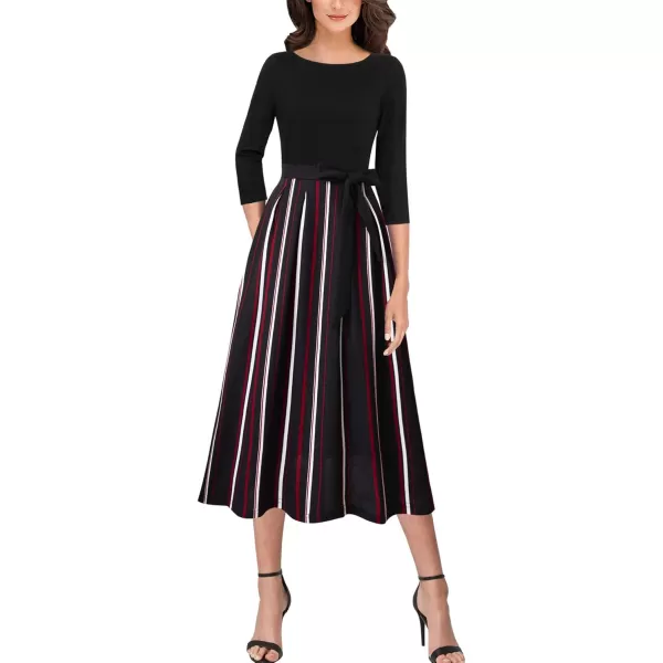 VFSHOW Womens Elegant Pockets Belted Work Business Office Casual Party Pleated ALine Midi DressBlack Red White Striped Print